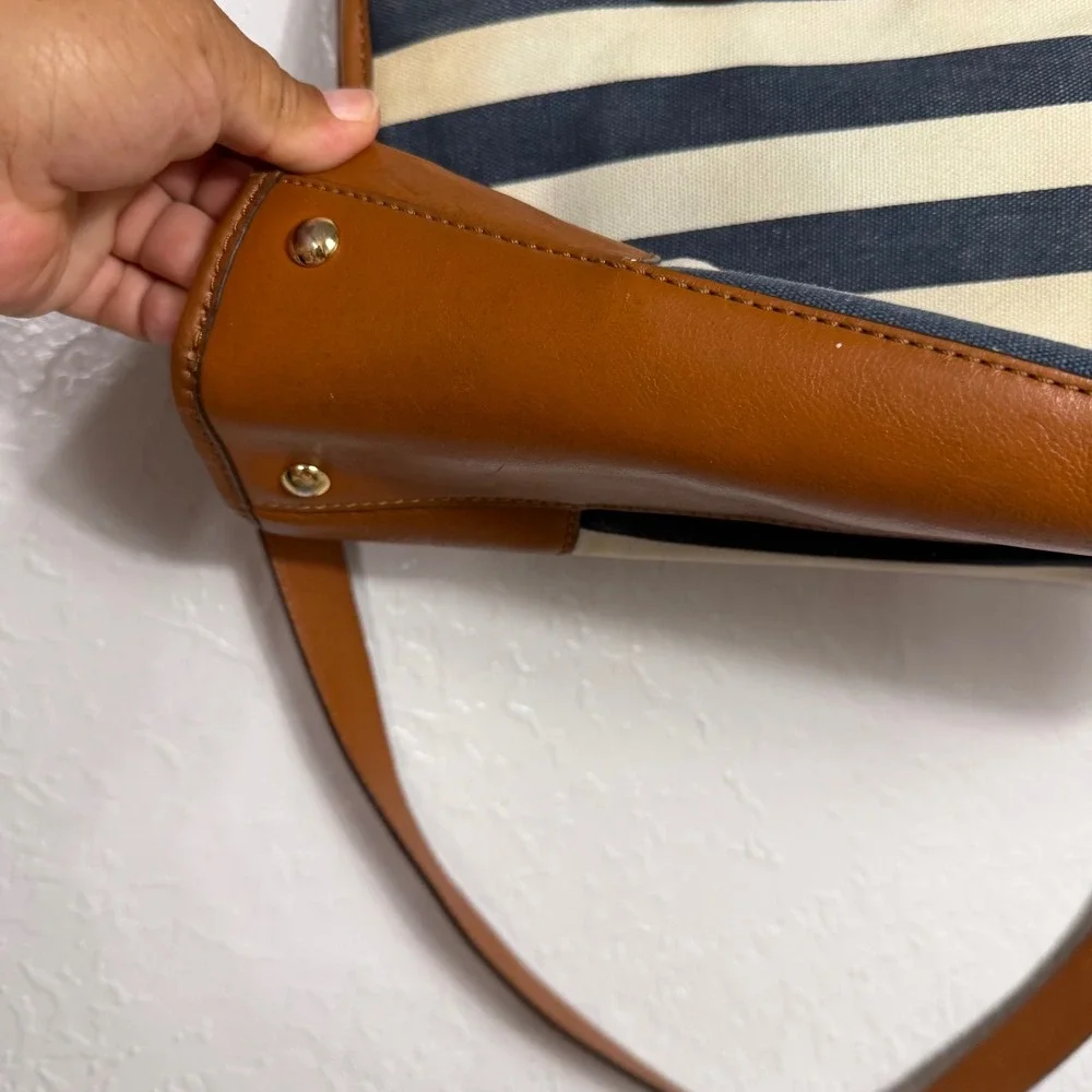 Michael Kors Hamilton Satchel Navy Cream Striped Canvas Leather Trim Handbag